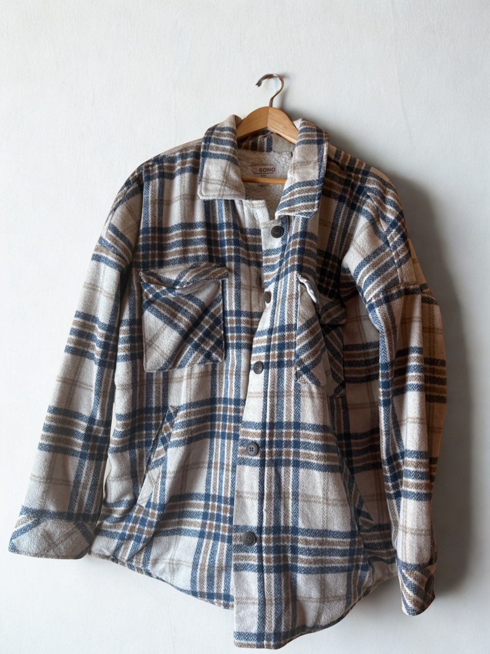 Plaid Button-Up Shacket in Cream, Blue & Brown